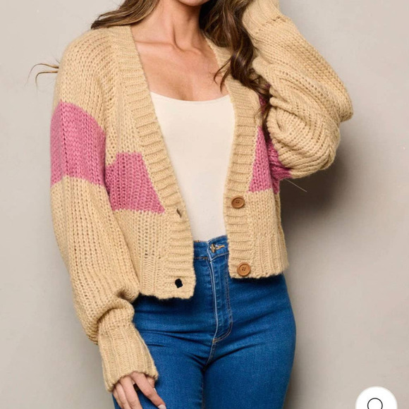 Malibu‎ Bum Womens Colorblock Cardigan Sweater Tan Pink Dolman Sleeves New - Picture 2 of 9